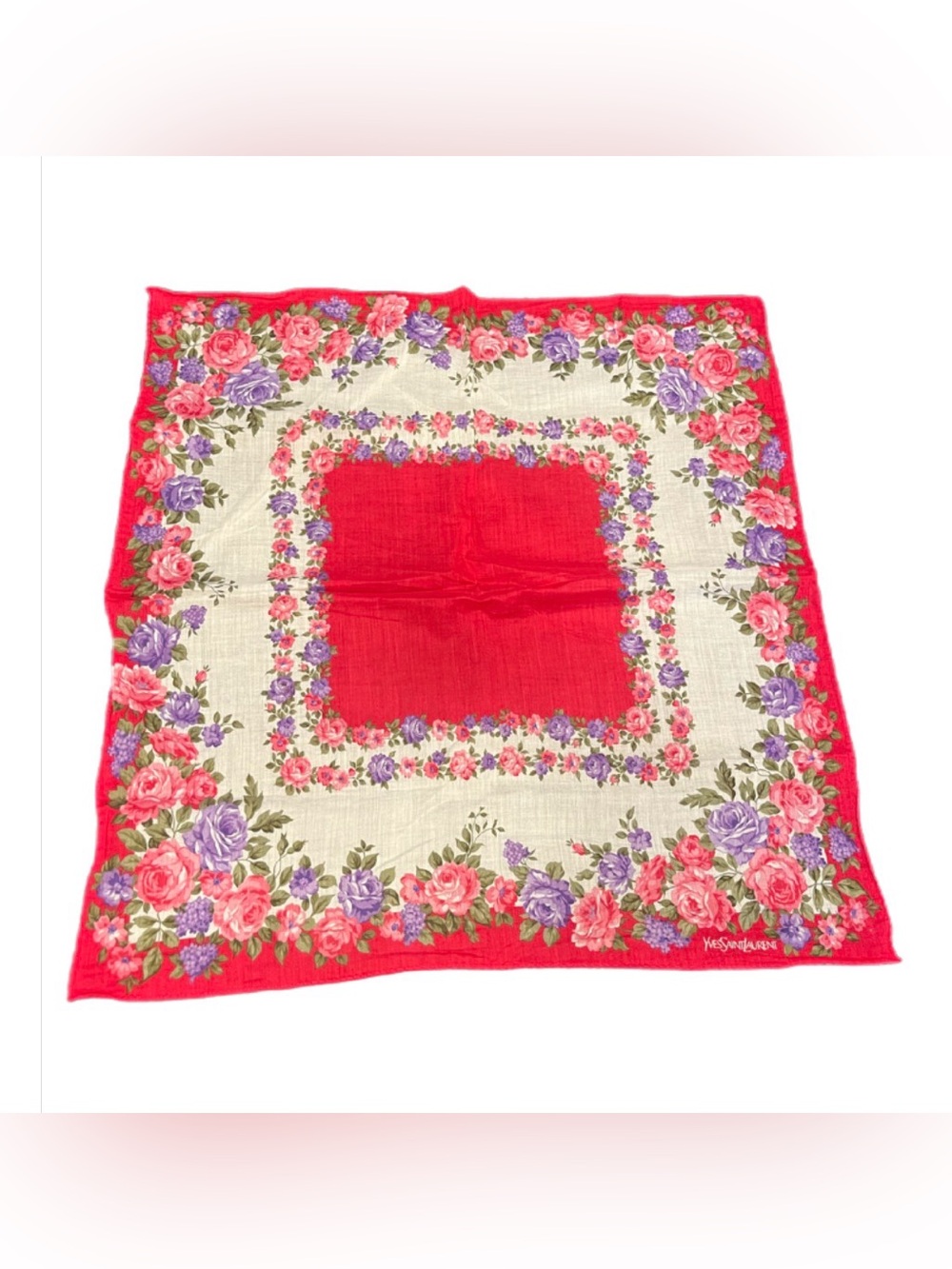 Vintage Yves Saint Laurent Red Floral Border Silk Scarf